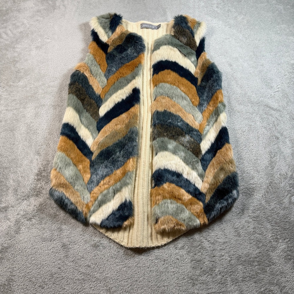 Vince Otto Faux Fur Vest Womens S/M Multicolor Chevron Striped Ribbed Knit Back